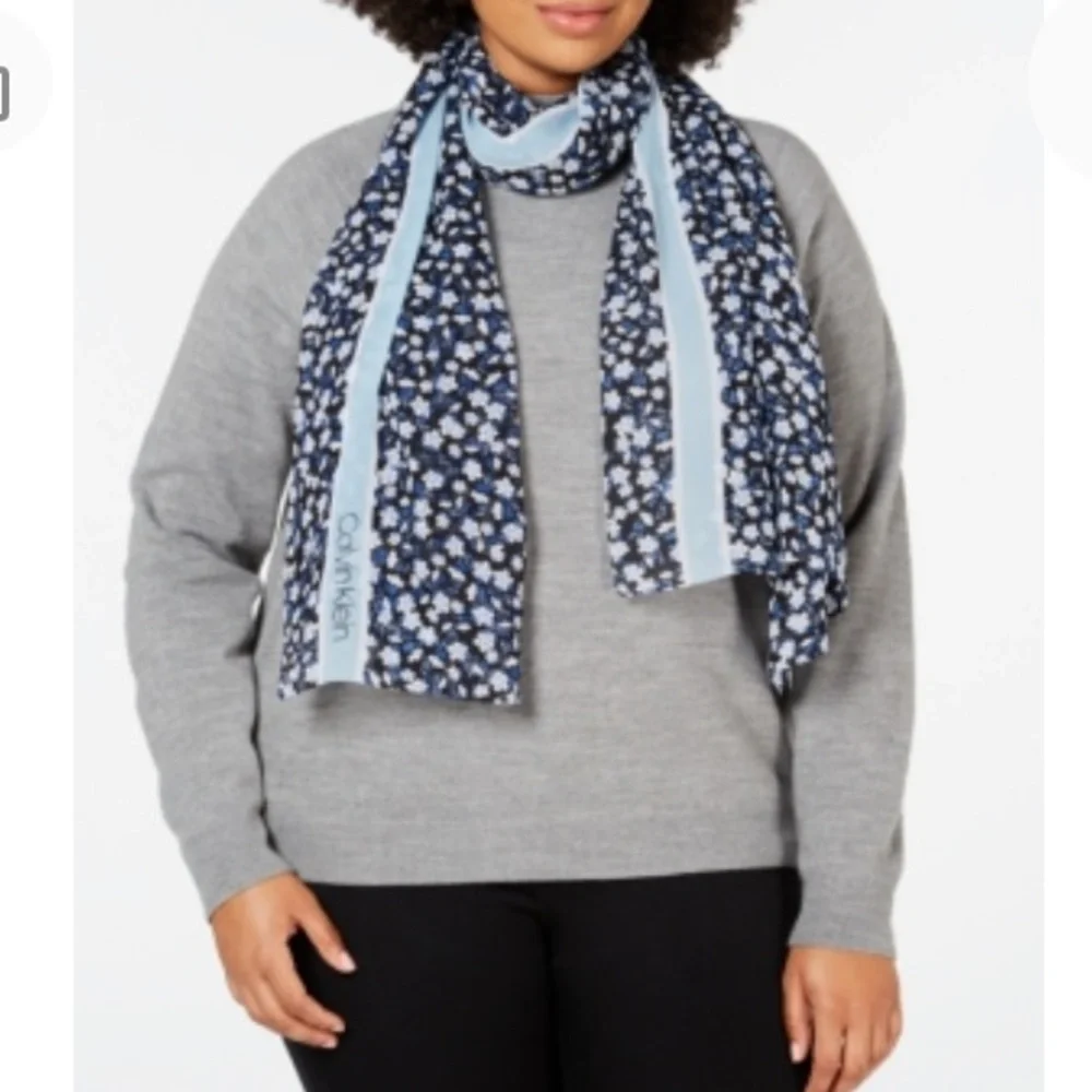 NEW Calvin Klein Silky Chiffon Floral Stripe Scarf, Black Blue